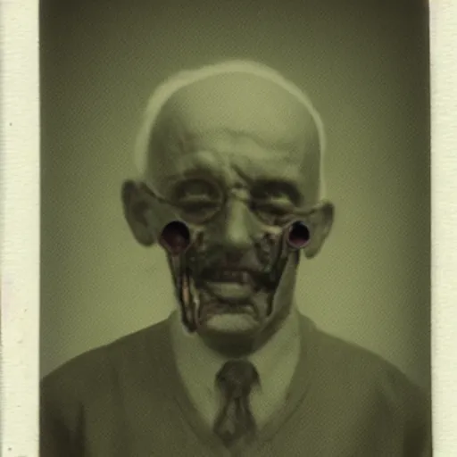 Image similar to a realistic polaroid photo of an old man after a failed experiment inside a laboratory, the head of the old man is deformed and dark, cosmic horror