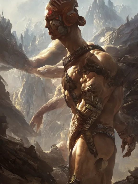 Prompt: a muscular warrior in a futuristic landsacpe. art by denys tsiperko and greg rutkowski and boris vallejo. detailed, hyperrealism, machismo, 8 k resolution