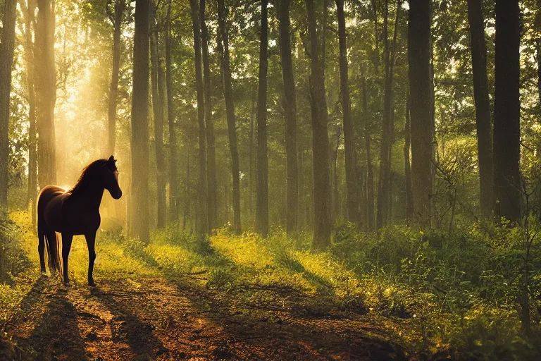 Prompt: beautiful horse in the forest evening natural light, fireflies, 85mm by Emmanuel Lubezki