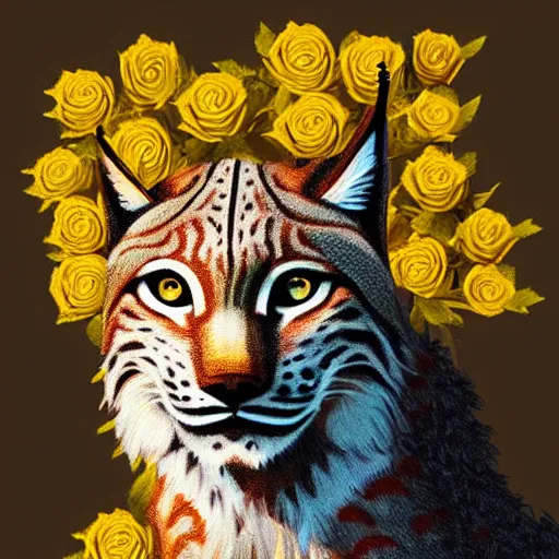 Image similar to lynx wearing a flower circle made out of roses and golden leaves on his head, a majestic crown, an expressive digital painting, high quality art