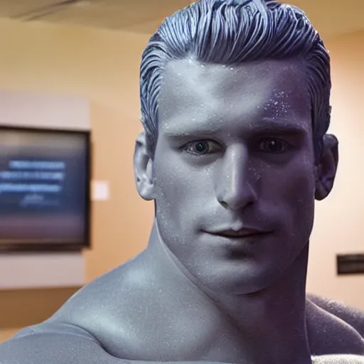 Image similar to a realistic detailed photo of a guy who is an attractive humanoid who is half robot and half humanoid, who is a male android, wrestler zack ryder, shiny skin, posing like a statue, blank stare, by the pool, on display, showing off his muscles, humanoid robot, frozen ice statue