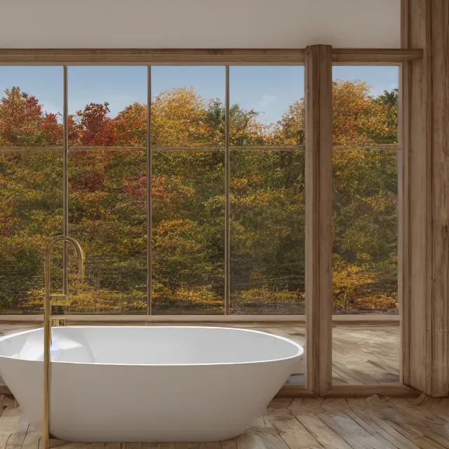 Prompt: post and beam bathroom interior, bathtub with golden faucet, wood cabinets, marble floor, large window in back with new hampshire fall foliage river view, large potted plant, realistic, unreal engine render, octane render, hyper realistic, photo, 8 k