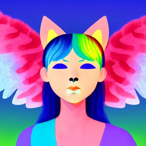 Image similar to A girl wearing an owl mask and blue hair with glowing halo and wings and a cat tail with a rainbow halo behind her. She has pink and yellow flowers around her head. Smooth lines and details and soft color palette. 4k render. Trending on Art Station!