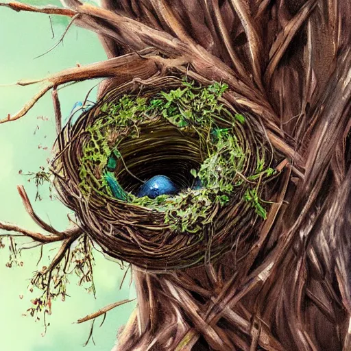 Image similar to bird nest in a tree, concept art, illustrated, highly detailed, high quality, bright colors, optimistic,