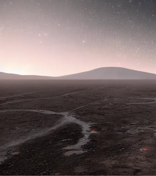 Prompt: hyperealistic render of a white bioremediation architecute in the mining tailings in atacama desert filled with stars at night, hazy and misty, magical feeling, uhd, high detail, corona render, unreal engine, ue 5, vray