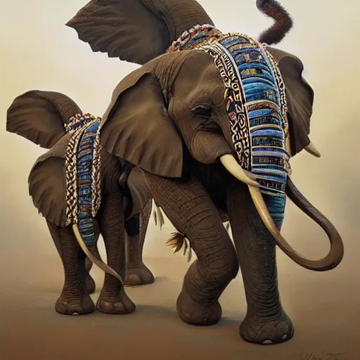 Image similar to three Zulu princesses!!! Elephants in background , intricate, elegant, highly detailed, digital painting, artstation, concept art, smooth, sharp, focus, illustration, art by artgerm and greg rutkowski and alphonse mucha