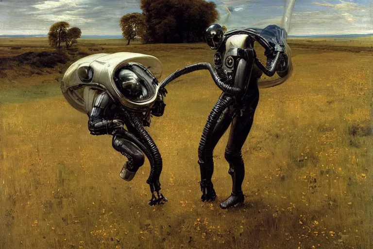 Image similar to sad portrait of an astronaut & a xenomorph in a meadow by sir john everett millais, photorealistic, hyperdetailed, ethereal, masterpiece, oil painting