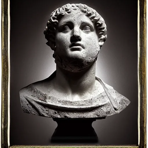 Image similar to an ancient Roman bust on fire in a dark room, high contrast, black, realistic