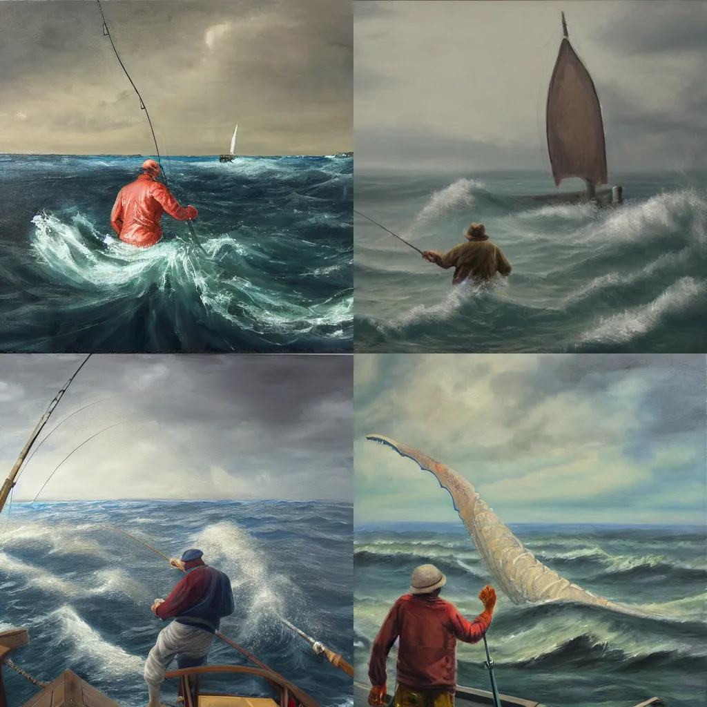 Prompt: An old fisherman, fishing on a boat, on the sea, in a storm, fighting a very strong giant squid with his fishing rod The giant squids point of view, oil on canvas