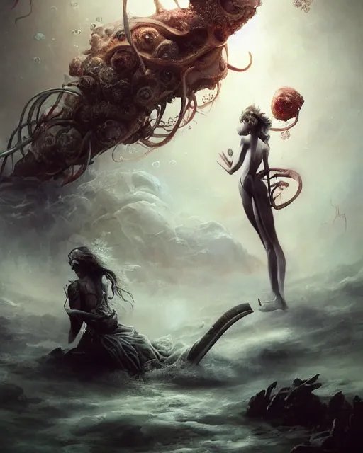 Image similar to realistic photo of a being shackled in the void, by akihiko yoshida and cgsociety. stunning goddess of speed charlie bowater and tom bagshaw, insanely detailed, artstation, space art. atoms surrounded by skulls and spirits deep under the sea, horror, sci - fi, surrealist painting, by peter mohrbacher