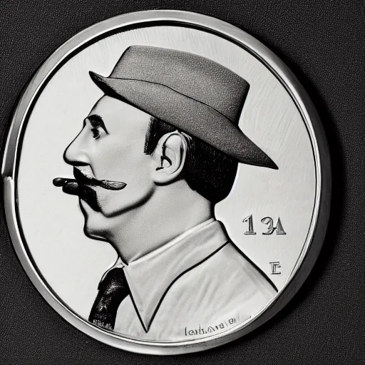 Prompt: A photograph of a high quality swiss chocolate coin that is engraved with a portrait of a young leon redbone smoking a cigar, highly detailed, close-up product photo, depth of field, sharp focus, appetizing, foil nearby