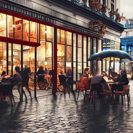 Image similar to busy cafe in a rainy victorian city, 8k, ultrarealistic, ultra hd, gloomy, photorealistic