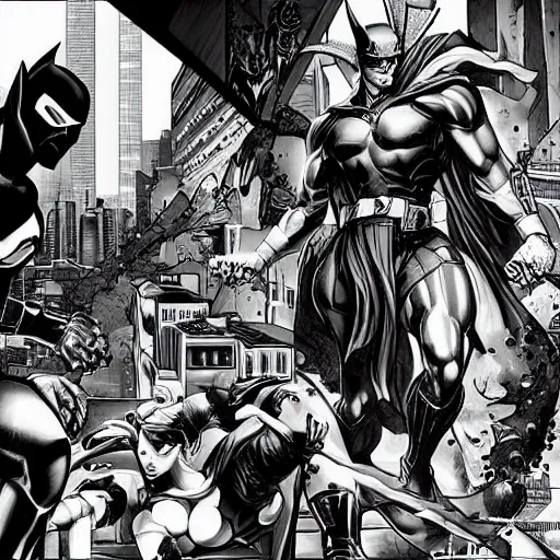 Image similar to heroes battling villains by frank Miller, artgerm, black and white, highly detailed, cityscape