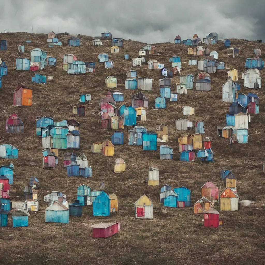 Prompt: towers made up of colourful makeshift squatter shacks, bleached colours, moody cloudy sky, dystopia, mamiya, very detailed, photographed by cristina de middel