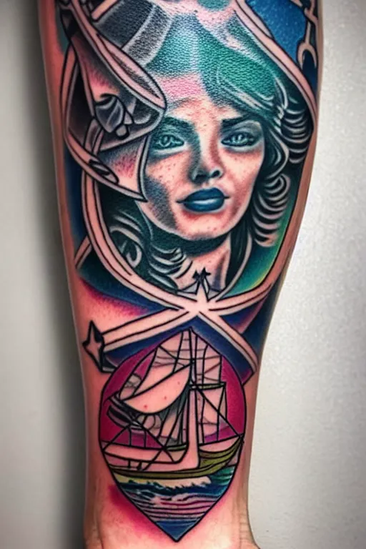 Image similar to American traditional tattoo of a sailor, detailed line work, bright colors, tattoo by Tony BLUEARMS