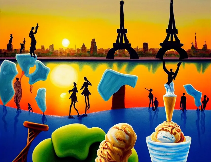 Image similar to a painting of a dancing ice sculture like the eiffel tower in paris with melting ice cream on the skyline of paris on a very sunny bright summer sunset day, very hot and the ice is melting fast and people are swimming in the icecream in the style of james jean and botero