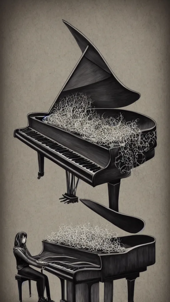 Prompt: a grand piano with long thick vines wrapped around it, fantasy art, art station, grey background,