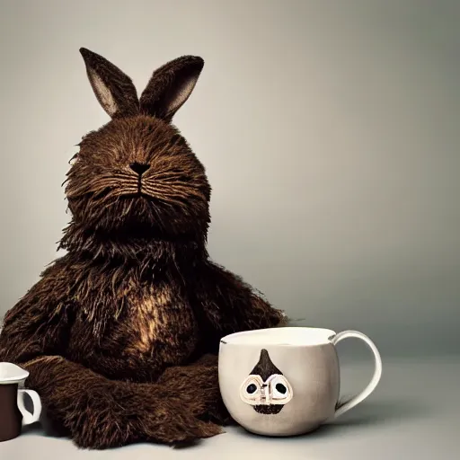 Image similar to a fluffy brown rabbit muppet wearing monk garb and a wolf skull as a mask and sat beside a cup of tea, photorealistic, nature, photography, national geographic, sesame street