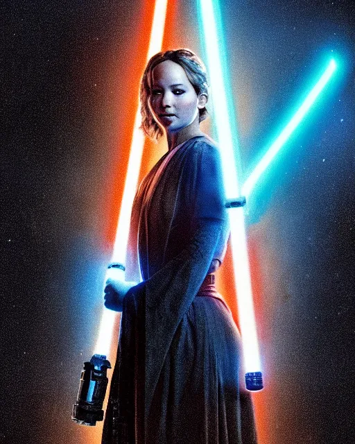 Image similar to jennifer lawrence as a jedi with ripped and damaged clothes holding a blue lightsaber in her hands, very dark background, official new star wars episode xi movie poster from lucas arts, perfect symmetrical face, moody lighting, 8 k, shallow depth of field, intricate detail,