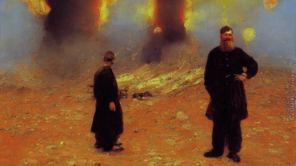 Image similar to high quality high detail painting by ilya repin, man standing in front of huge explosion, hd