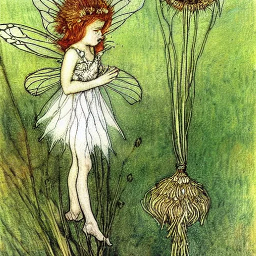 Image similar to a beautiful fairytale painting of a dandelion seed that is also a fairy. the dandelion seed is the body of the fairy. beautiful clear painting by arthur rackham