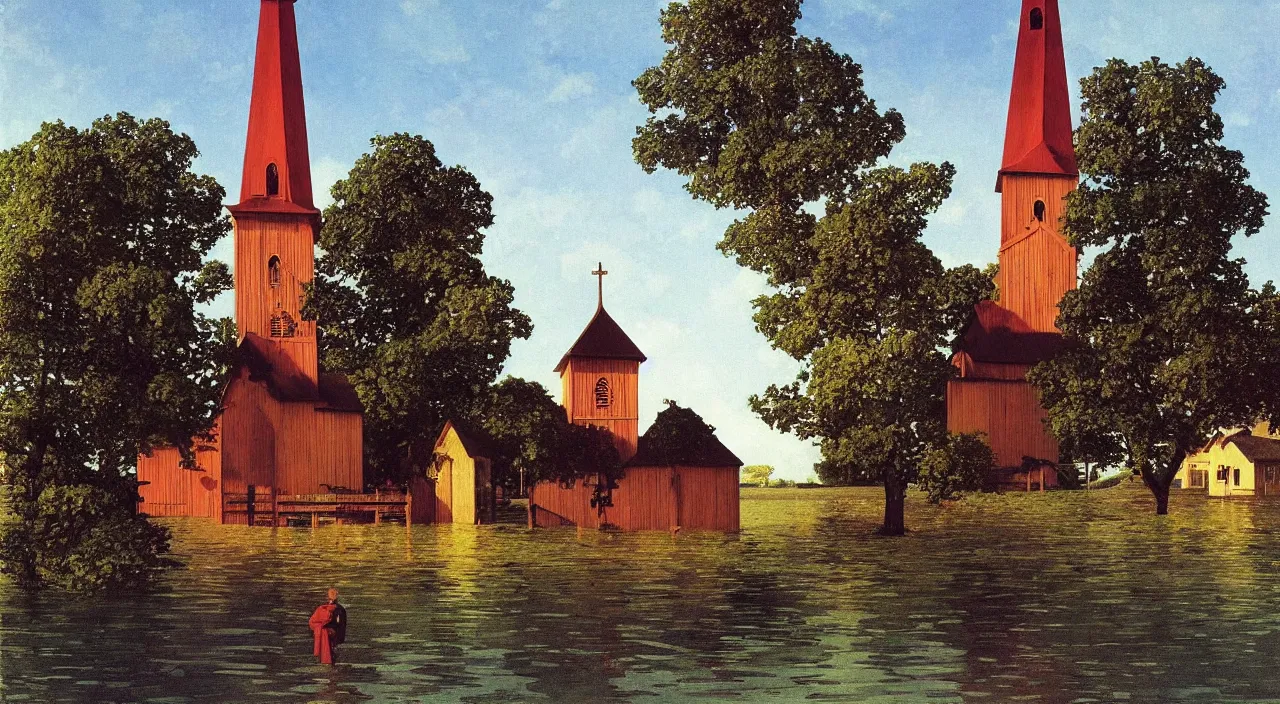 Prompt: single flooded simple wooden church tower, very coherent and colorful high contrast!! masterpiece by rene magritte simon stalenhag carl spitzweg syd mead norman rockwell edward hopper james gilleard, minimalist, dark shadows, sunny day, hard lighting