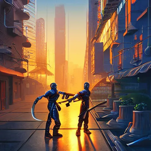 Prompt: ninja cyborgs katana duel in cybercity, golden hour, poster by michael whelan and gilbert williams and evgeny lushpin and artgerm and alena aenami, 3 0 mm, highly detailed