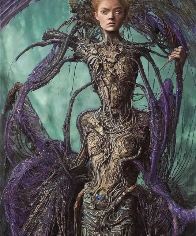 Prompt: a portrait photograph of a fierce sadie sink as a strong alien harpy queen with amphibian skin. she trying on a glowing and black lace shiny metal slimy organic membrane shrug and transforming into an evil insectoid snake bird. by donato giancola, walton ford, ernst haeckel, peter mohrbacher, hr giger. 8 k, cgsociety