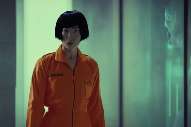 Image similar to major motoko wearing an orange prison jumpsuit hologram of a screaming child to her right, photography by fred palacio medium full shot still from bladerunner 2 0 4 9, sci fi, bladerunner, canon eos r 3, f / 3, iso 2 0 0, 1 / 1 6 0 s, 8 k, raw, unedited