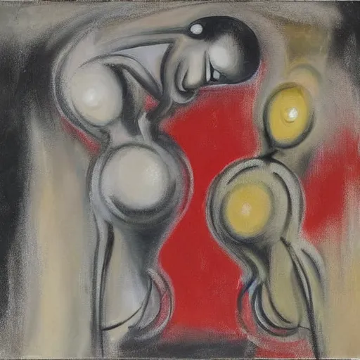 Prompt: Oil painting by Roberto Matta. Two mechanical gods kissing. Oil painting by Marlene Dumas.