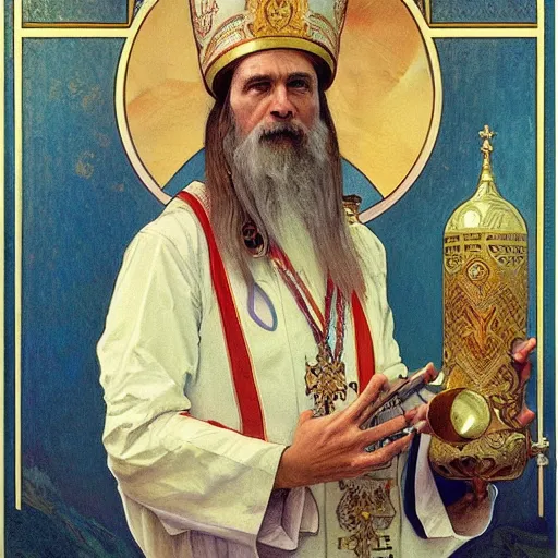 Image similar to painting of russian orthodox astronaut priest with gold visor by alphonse mucha, greg rutkowski, and bekzinski