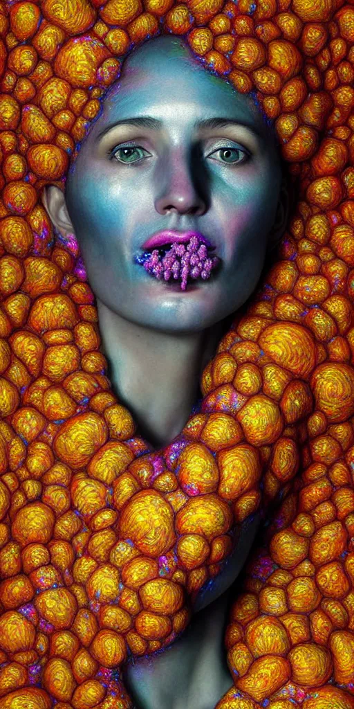 Image similar to hyper detailed 3d render like a Oil painting - portrait sculpt of Aurora (Singer) seen in mascara Eating of the Strangling network of yellowcake aerochrome and milky Fruit that covers her body and Her delicate Hands hold of gossamer polyp blossoms bring iridescent fungal flowers whose spores black the foolish stars by Jacek Yerka, Mariusz Lewandowski, Houdini algorithmic generative render, Abstract brush strokes, Masterpiece, Edward Hopper and James Gilleard, Zdzislaw Beksinski, Mark Ryden, Wolfgang Lettl, hints of Yayoi Kasuma, octane render, 8k