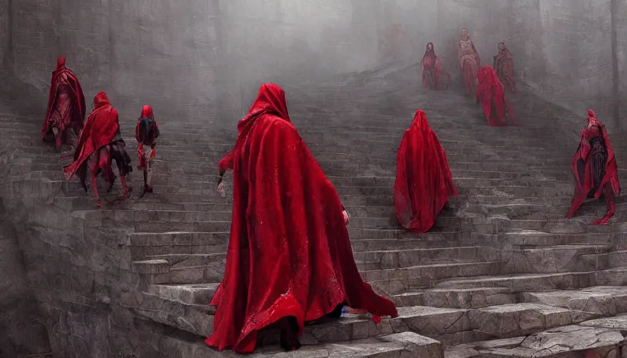 Image similar to figures in red cloaks ascend huge creepy fantasy stairs, cinematic, movie still, art by ruan jia and albert voidstar