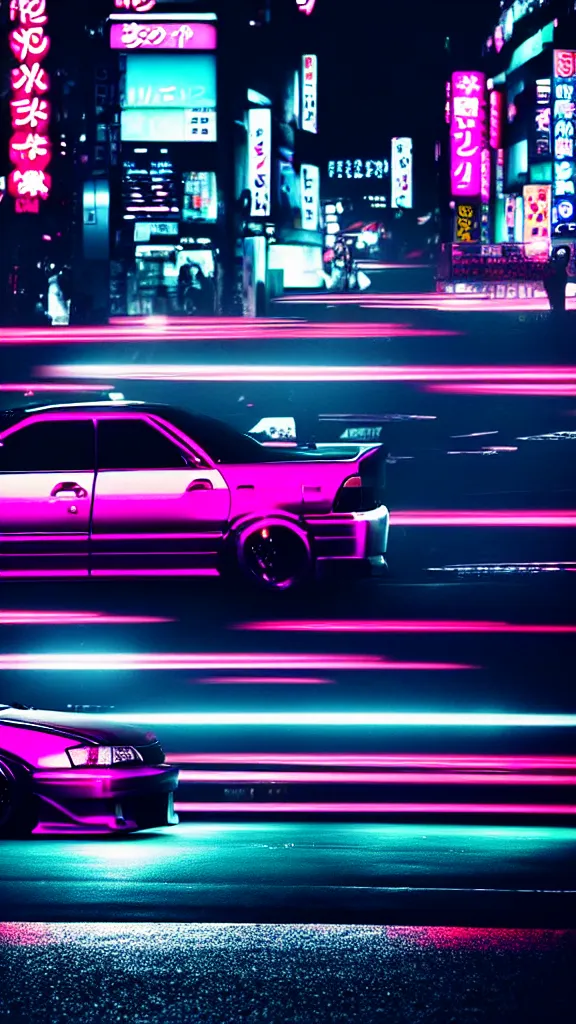 Image similar to a car drift spec JZX100 in middle of road, shibuya prefecture, city midnight neon lights, cinematic color, photorealistic, highly detailed