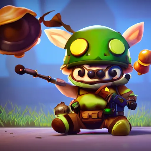 Prompt: teemo as an overwatch character, teemo shooting a poison dart, teemo surrounded by poison mushrooms, octane render, blender render, unreal engine, cinematic lighting