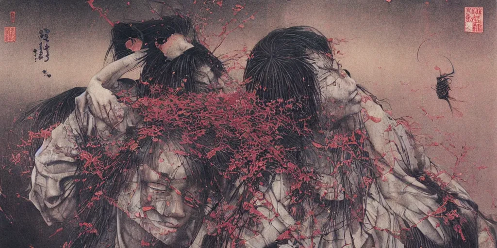 Image similar to Japanese schoolgirl runs away from Samurai with a katana on the subway, high detailed Beksinski painting, part by Adrian Ghenie and Gerhard Richter. art by Takato Yamamoto. masterpiece