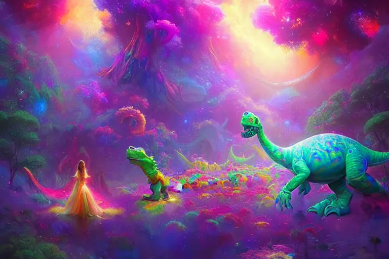 Prompt: a psychedelic realm made entirely out of love and acceptance and hypercolors. astral beings sharing love. cute smiling glowing skin glowing chibi style pixar baby dinosaurs in the style of greg rutkowski and wlop and lisa frank! and bob ross!!! and ruan jia, illustration, epic, fantasy, hyper detailed, smooth, unreal engine, sharp focus, ray tracing