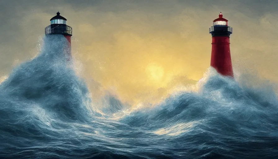 Image similar to a lighthouse being struck by a huge wave out at sea, digital art, highly detailed, realistic, bright colors, 8 k