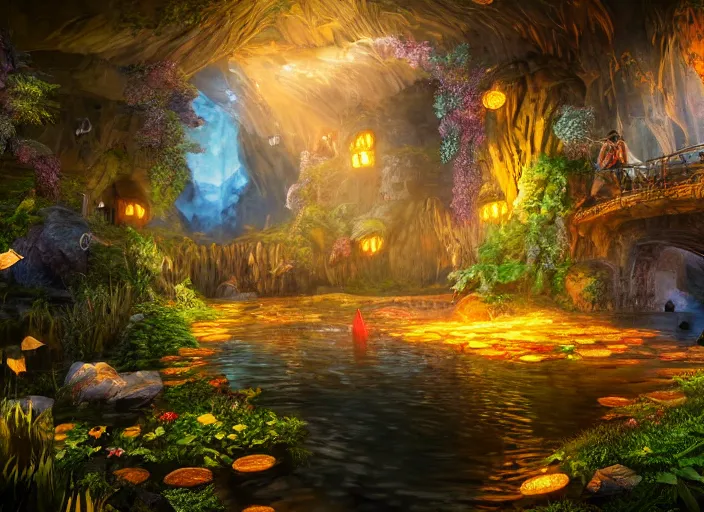 Image similar to magical mine illustration. fantasy, dramatic lighting, 8 k, sharp focus, global illumination, unreal engine, detailed and intricate environment, koi pond