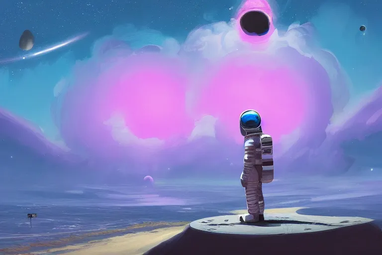 Prompt: astronaut sitting at the beach next to his spaceship on a pink, blue, purple alien planet watching a black hole, surreal photography, dark night, stars, planets, moon light, impressionist painting, clouds, digital painting, artstation, simon stalenhag