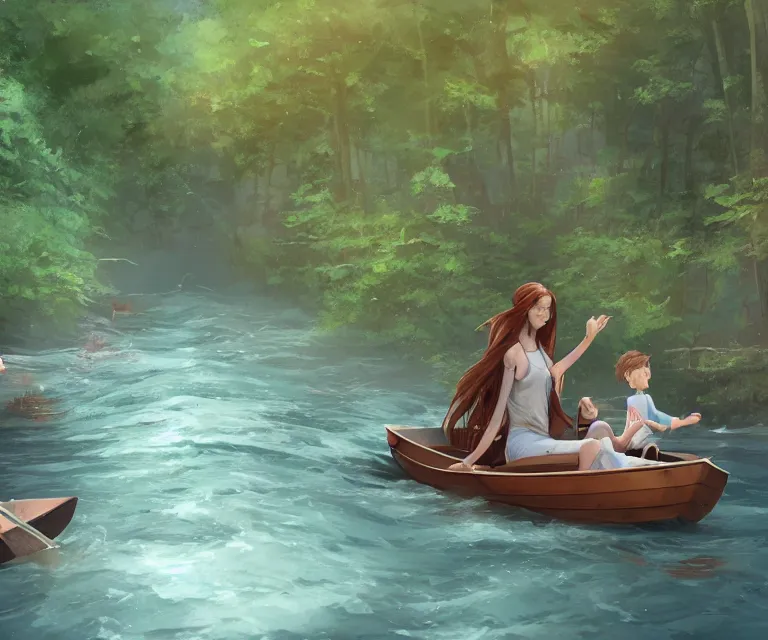 Image similar to one girl with long, flowing auburn hair, and one boy with short brown hair sitting together in one single small wooden paddle boat sailing down a narrow river in a forest, rocky shore, trees, shady, blue waters, ripples, waves, reflections, details, sharp focus, illustration, by Jordan Grimmer and greg rutkowski, Trending artstation, pixiv, digital art