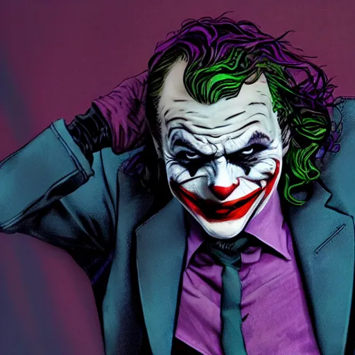 Image similar to heath ledger playing joker in batman movie by alex pardee and nekro and petros afshar, unstirred paint, vivid color, cgsociety 4 k