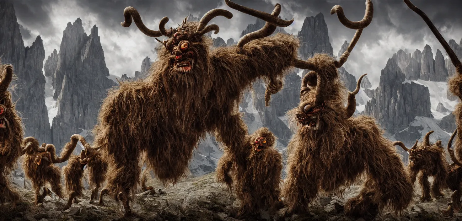 Image similar to hyperrealist highly detailed neo-baroque photography of krampus hay monsters standing in dolomites concept art pascal blanche dramatic studio lighting 8k wide angle shallow depth of field