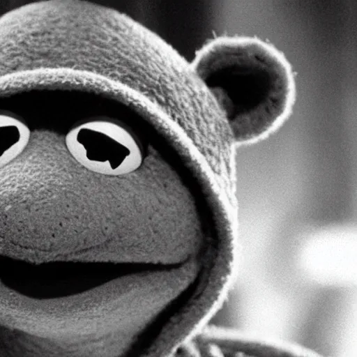 Image similar to Kermit the frog from Sesame Street as a Ronin in a Kurosawa film, Still Frame, Black and White