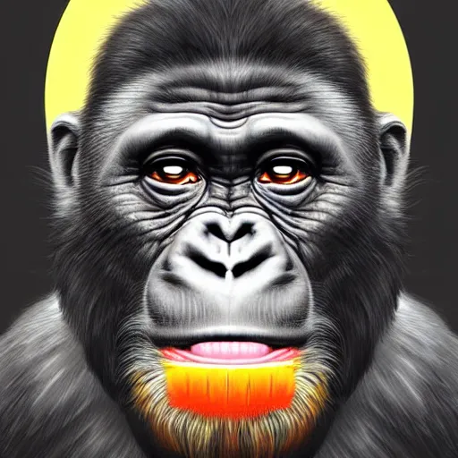 Image similar to Very funny Joe Biden as a dump looking monkey, like gorilla, colorful painting on grey scale face, powerful , magic, thunders, dramatic lighting, intricate, wild, highly detailed, digital painting, artstation, concept art, smooth, sharp focus, illustration, art by artgerm and greg rutkowski and alphonse mucha, footage