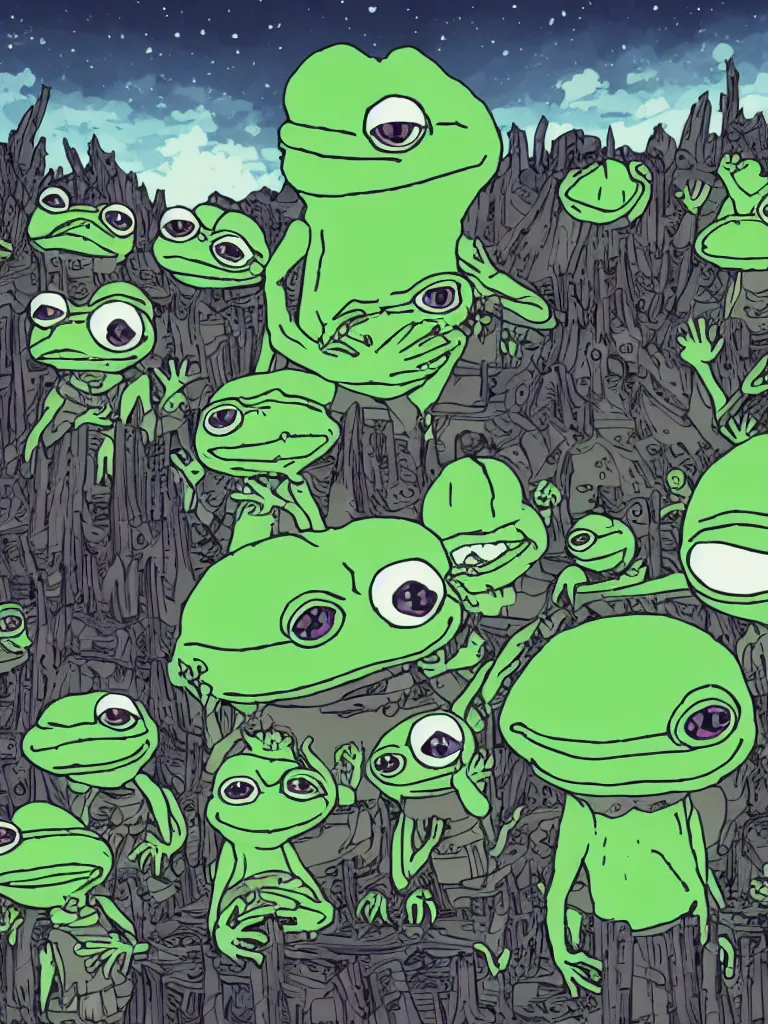 Prompt: resolution 4k the world is ending civilization at the end of time and space villagers of the golden city layer six of the abyss happiness in the smile of pepe the frog happiness of gods empire worlds of Akihito Tsukushi made in abyss design dark forest ivory dream like storybooks and rhyes wandering army of pepe the frog pepe the frog with family and friends in military uniforms happy eating the flesh of other frogs gore blood unrelenting suffering wholesome soft and warm primordial the value of despair uncertainty loss of the world and the death of love, pepe the frog , art in the style of Tony DiTerlizzi , Francisco de Goya and Akihito Tsukushi and Arnold Lobel