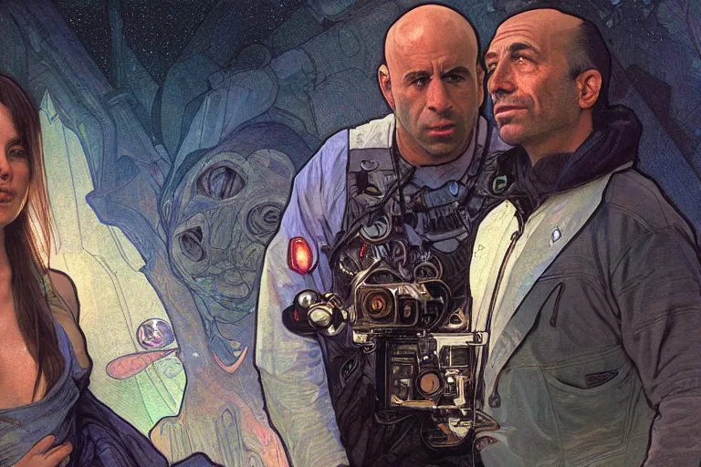 Prompt: joe rogan interviewing an alien, octane render, by greg rutkowski, alphonse mucha, artgerm