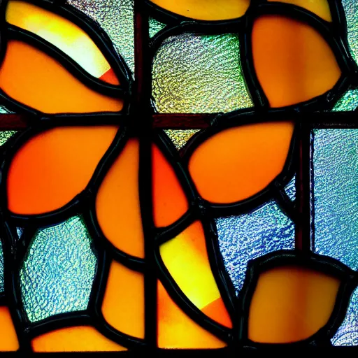 Prompt: stained - glass window of mango fruits, close up, sun rays, volumetric light