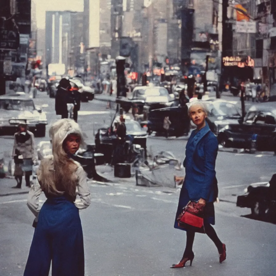 Image similar to portrait of a woman in a suit in the streets of new york, 1 9 6 0 s, colour film street photography, photo taken with ektachrome, featured on flickr, photographed on damaged film