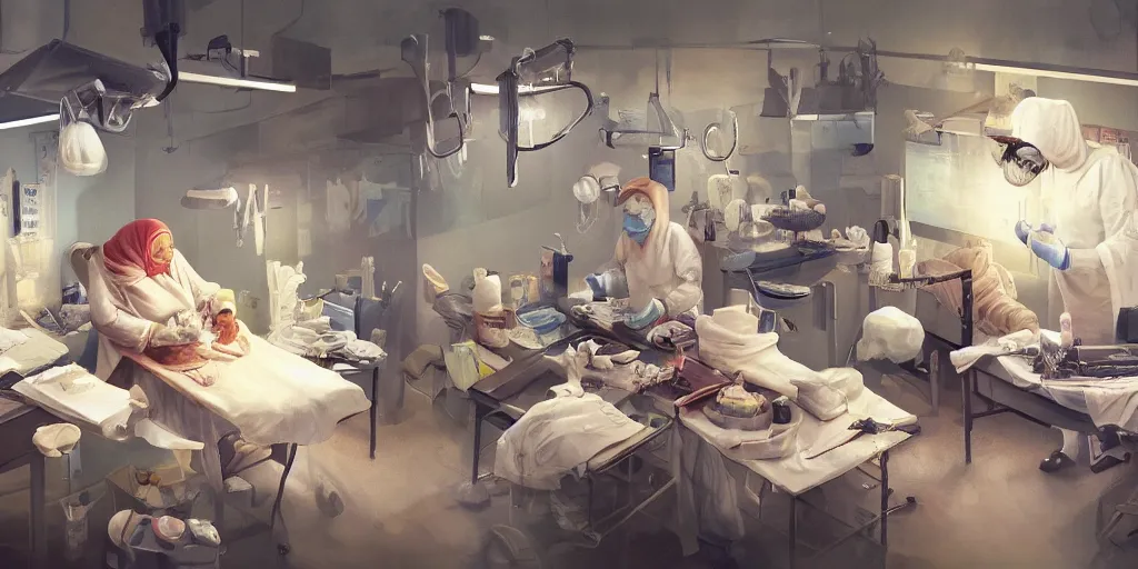 Image similar to an environmental concept art of a babushka surgeon in a cluttered surgery, surgical impliments, surgery table, highly detailed, cinematic, dramatic